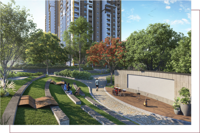 Open-air amphitheatre at DSR The Address featuring landscaped seating and community event space on Whitefield–Sarjapur Road Bengaluru