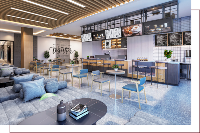 Cafeteria at DSR The Address offering a comfortable dining space for residents of premium apartments in Dommasandra Sarjapur Road