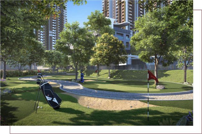 Golf area at DSR The Address with landscaped greens for premium 3 BHK apartments in Dommasandra Sarjapur Road near Whitefield
